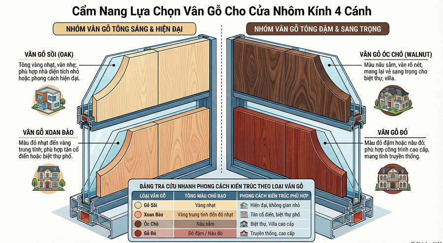 Gợi ý màu vân gỗ đẹp của cửa nhôm kính 4 cánh vân gỗ